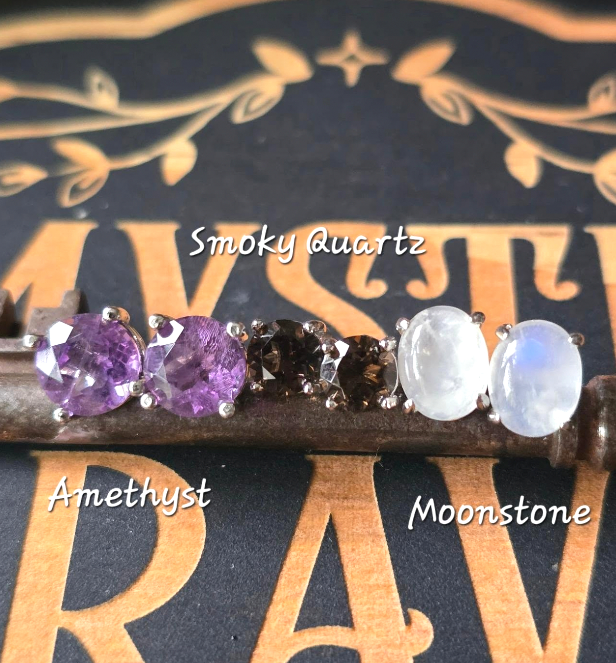 Gemstone Stud Earrings Amethyst Smoky Quartz Moonstone